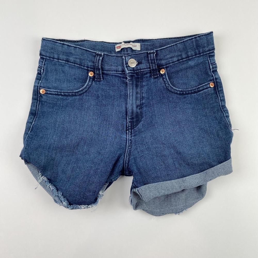 Levi's Girlfriend Jean Shorts Womens 14 (26x2) Blue Denim Cutoff Cuffed